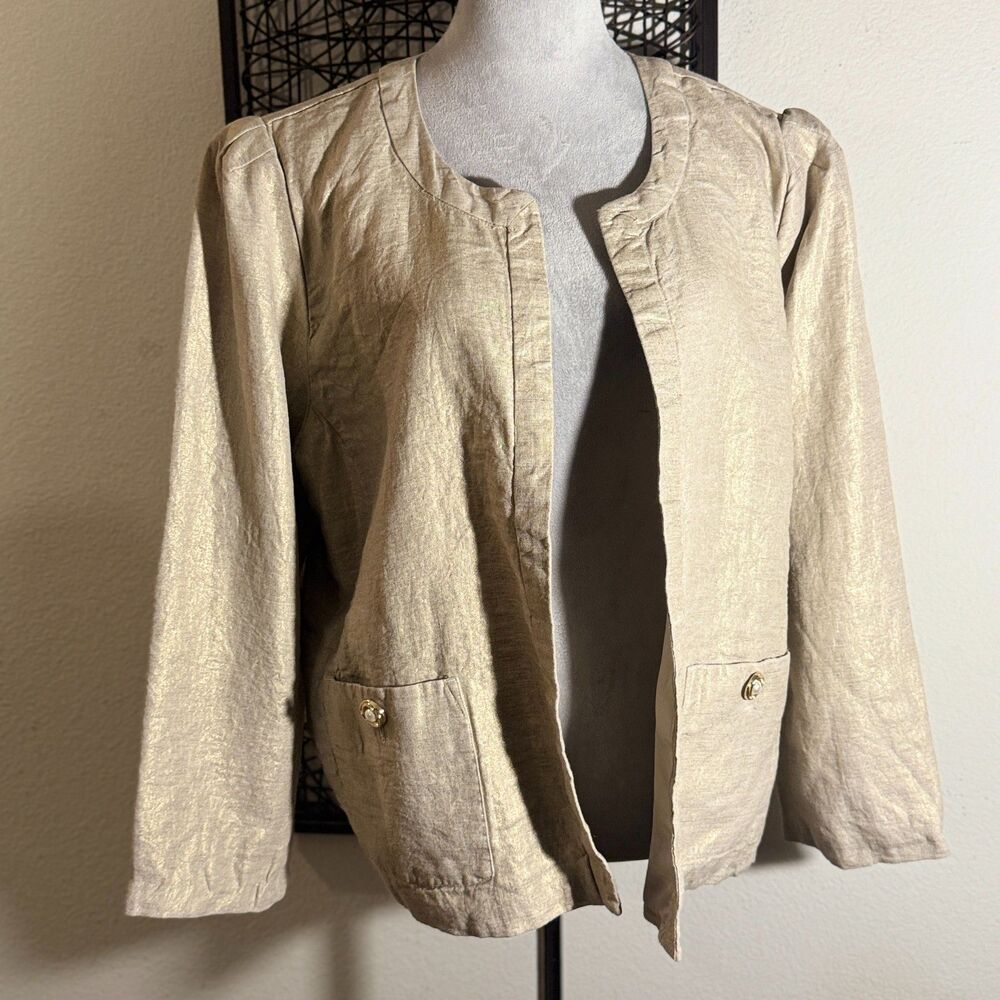 Chico's Collarless Linen Blazer Oatmeal Beige Pearl Buttons Size 3 XL 16-18